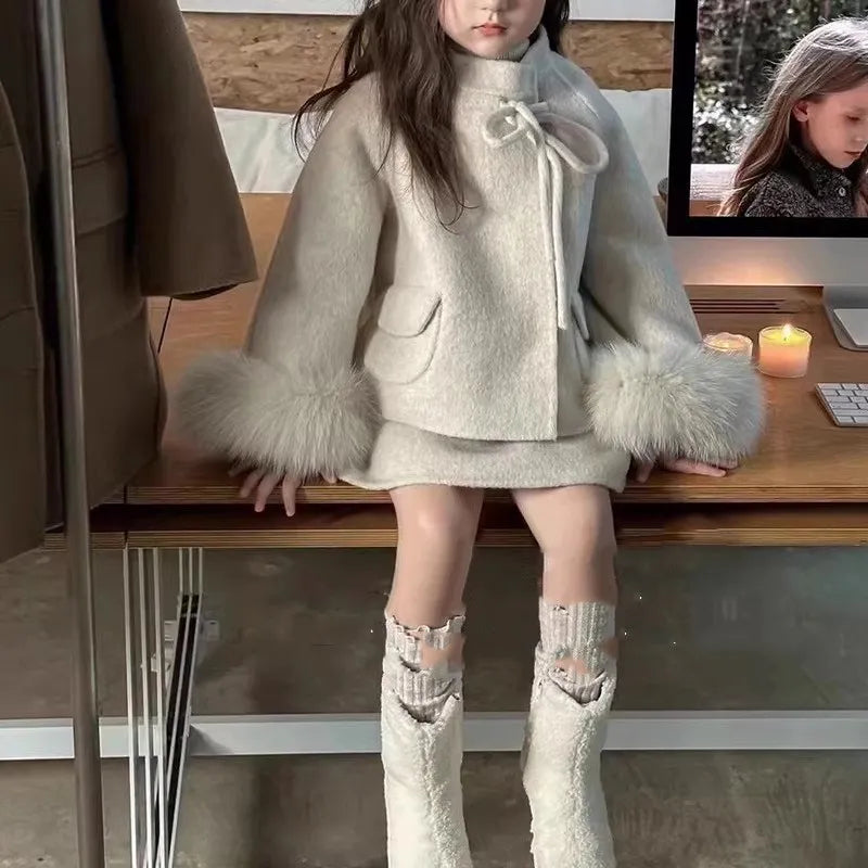 Girl's Set Made of Fabric with Cotton Clip Thickened Woolen Jacket and Dress New Fashion Trend for 2024 Winter Clothing