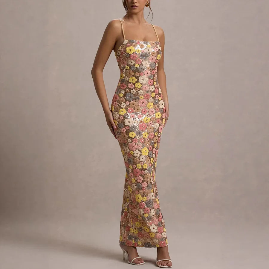 Summ Women Flowers Sequin Patchwork Slim Party Long Dress Strapless Fashion Maxi Dress, Sexy Sleeveless Ladies Dress Vestidos