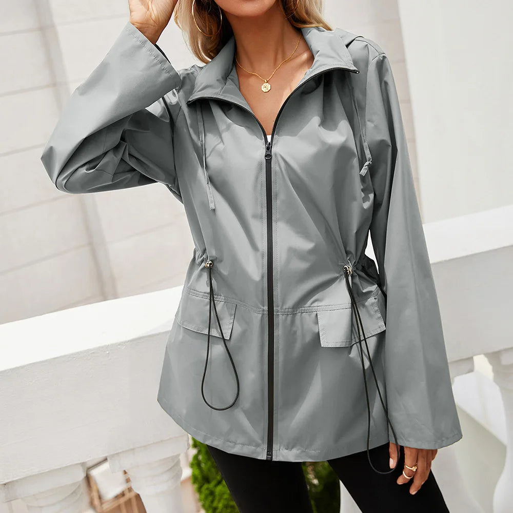 Hooded Zipper Waist Waterproof Raincoat Outdoor Sports Mountaineering Coat Women