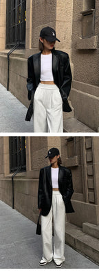 Women Black Brown Soft PU Leather Blazer Shoulder Pads Long Sleeve Single Breasted Loose Casual Jacket Tops Korean Fashion Coat