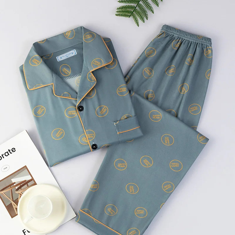 Men's Thin Cotton Pajamas Long Sve Long Pants Two-Piece Set Casual