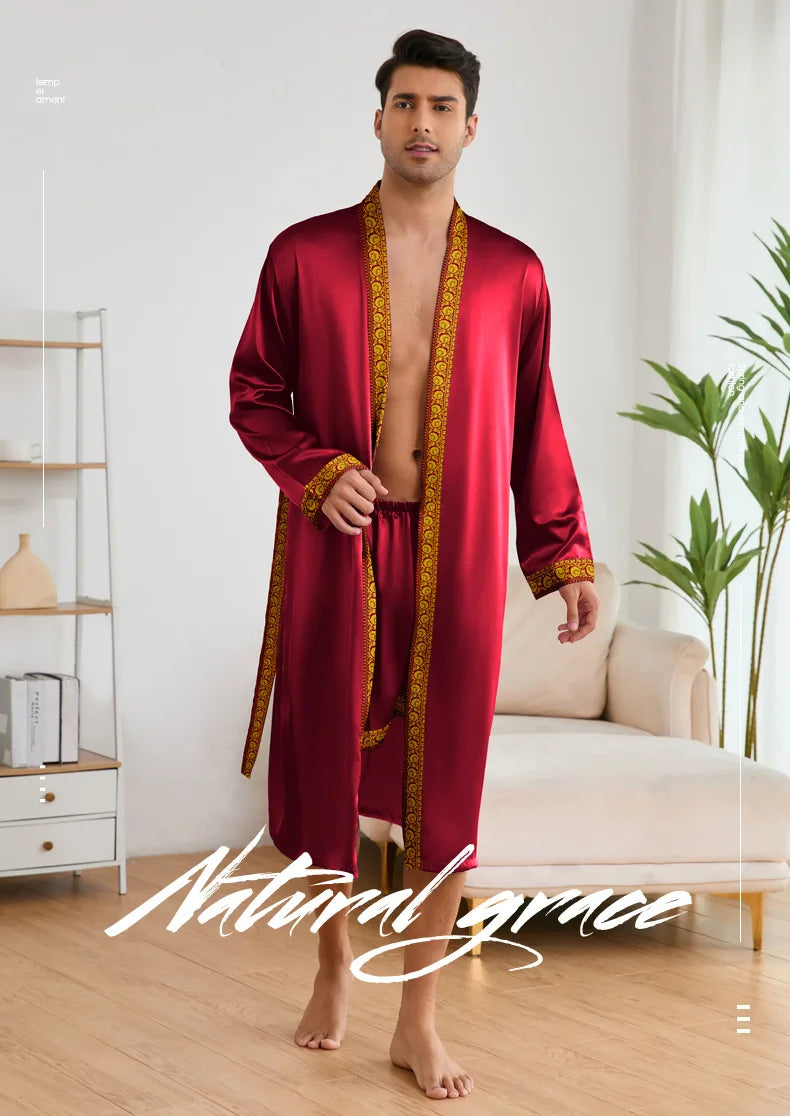 Men Long Robe Pajamas Set Baroque Style Kimono Bathrobe Gown Spring Summer Male Sleepwear Home Clothing Rayon Loungewear Pijamas