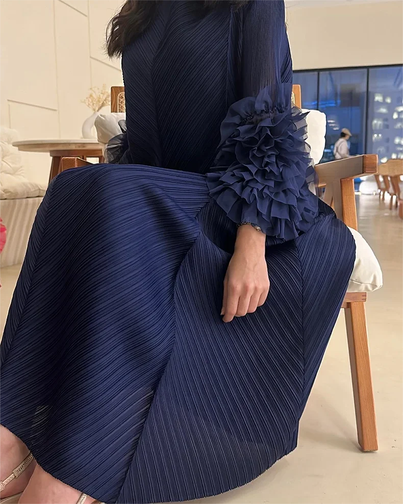 YUDX Hot Sales 2024 Summer New Pleated Formal Dresses for Women Mesh Petal Sleeve Solid Evening Party Long Maxi Dresses