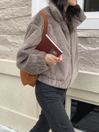 Women Autumn Winter Thicken Warm Coat Stand-Collar Loose Fur Plush Zipper Jacket Soft Comfortable Casual Simple Solid Outerwear
