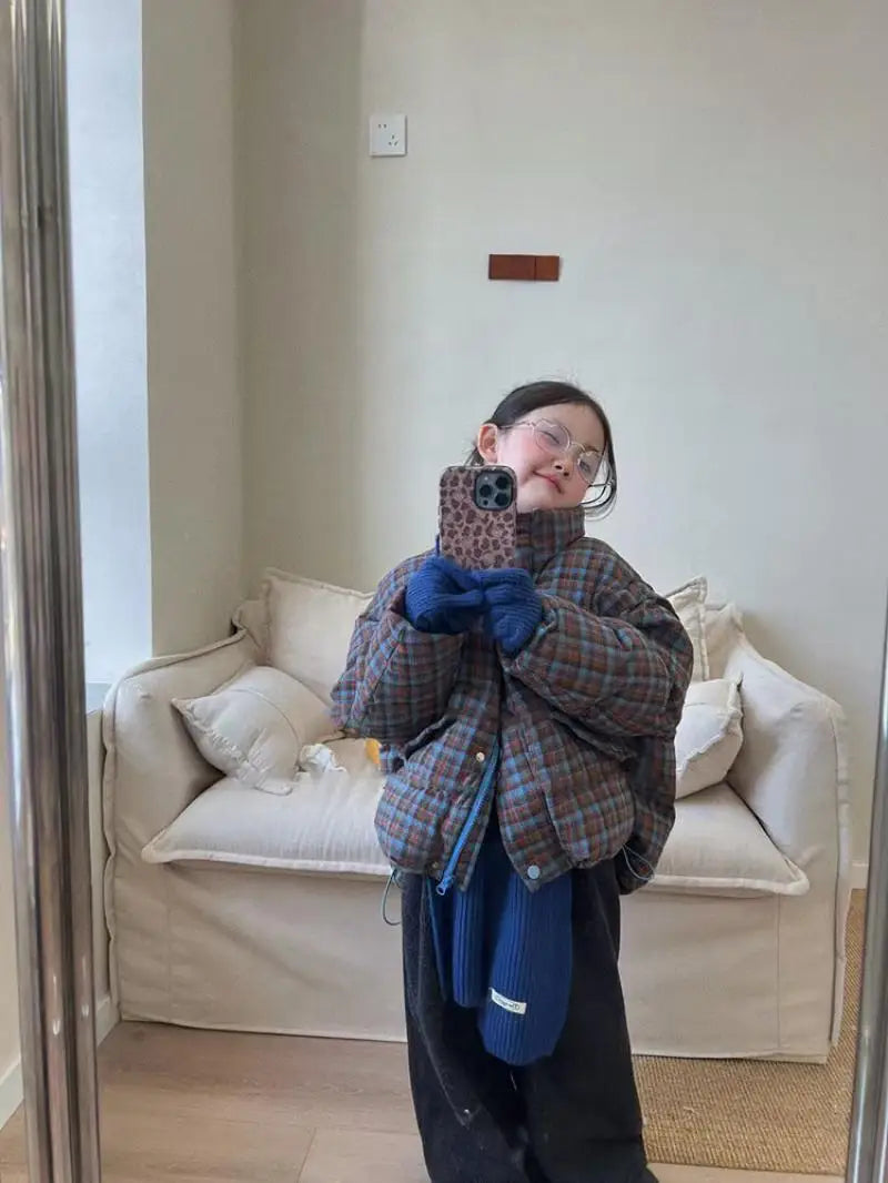 Girls' Autumn Winter Plaid Padded Jacket Warmth Coat Thicken Puffer Jacket Comfortable New Fashion Children Clothes Retro Style