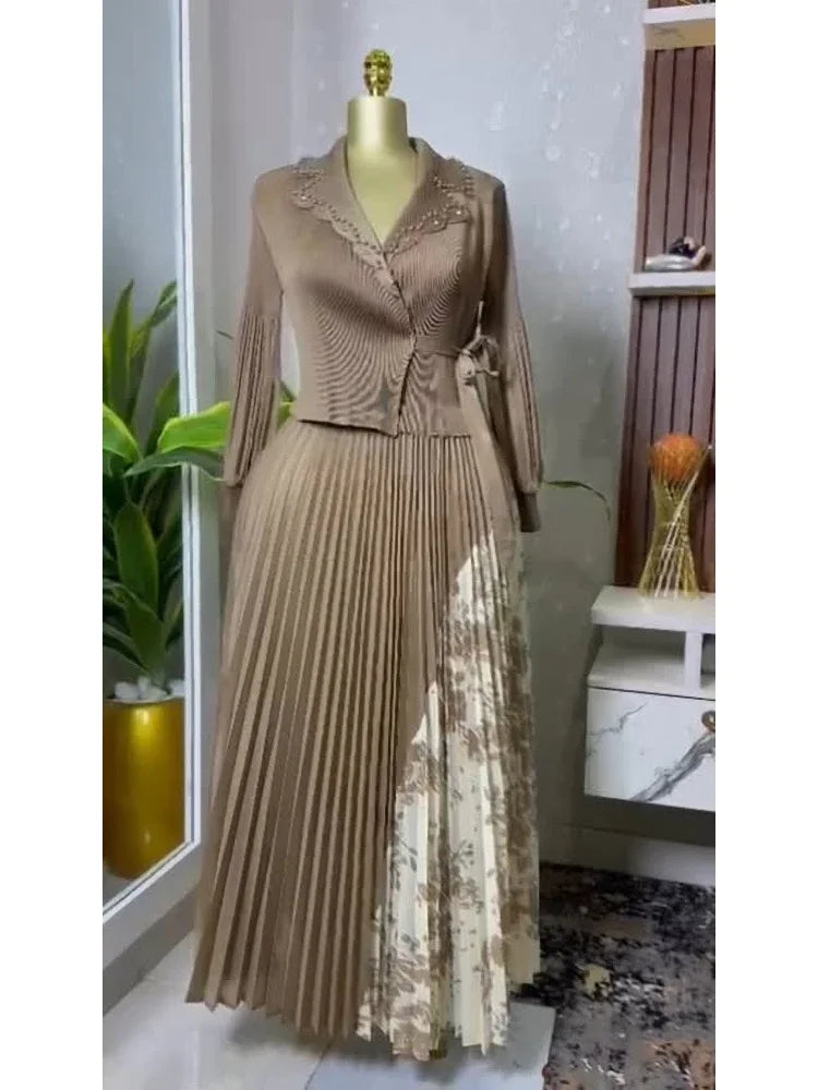 2025 Spring New Miyake Pleated A-line Dress Elegant Suit Collar Mid To Long Style Waist Cinching Slimming Women Folds Skirt