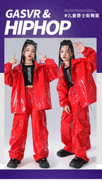 Boys K-pop Fashion Leather Jacket Street Dance Cargo Pants Girl Hip Hop Streetwear Kids Children Jazz Shiny Costume Clothes Sets