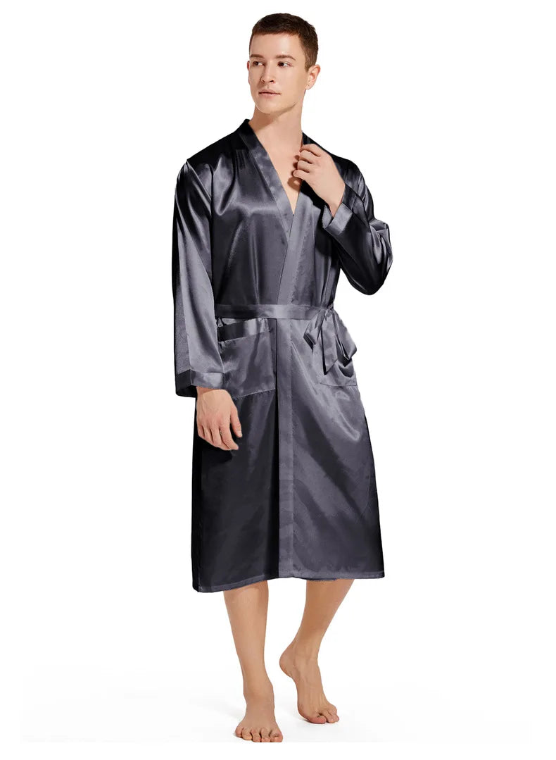 Men Long Bathrobe Sleepwear Navy Blue Silk Satin Bridegroom Wedding Robe Kimono Gown Spring Summer Home Clothes Loungewear