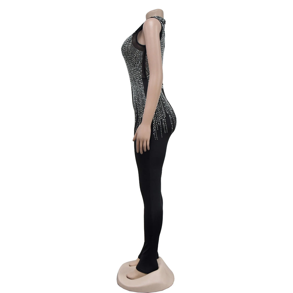 Women's Glittery Rhinestones Gymnastics Jumpsuit Sheer Mesh Patchwork Mock Neck Long Sleeve Dance Rompers One-piece Bodysuit