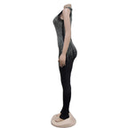 Women's Glittery Rhinestones Gymnastics Jumpsuit Sheer Mesh Patchwork Mock Neck Long Sleeve Dance Rompers One-piece Bodysuit