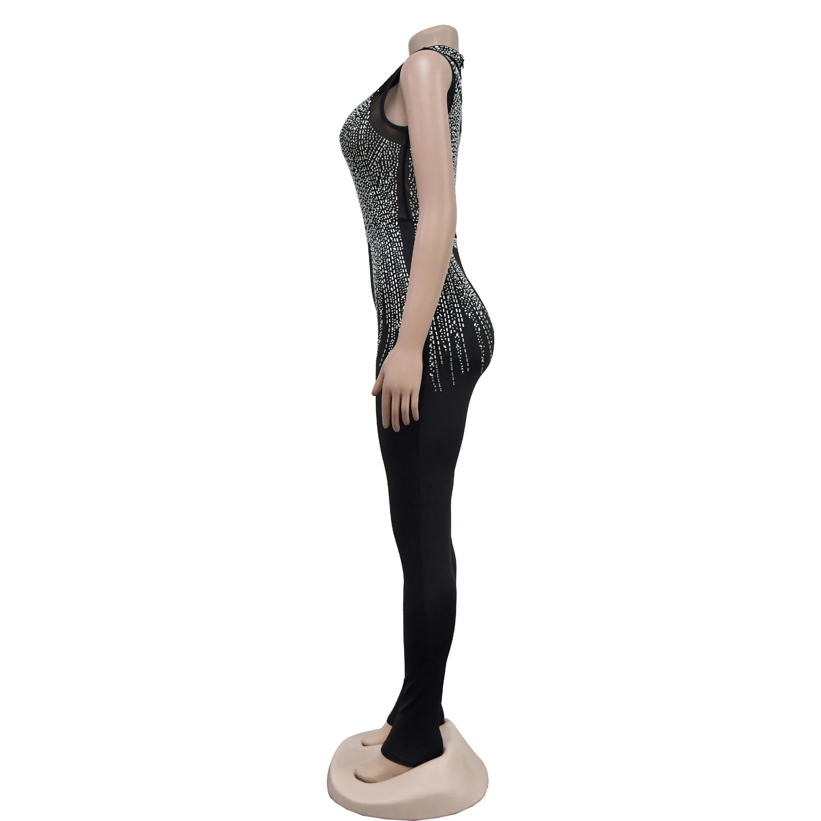 Women's Glittery Rhinestones Gymnastics Jumpsuit Sheer Mesh Patchwork Mock Neck Long Sleeve Dance Rompers One-piece Bodysuit