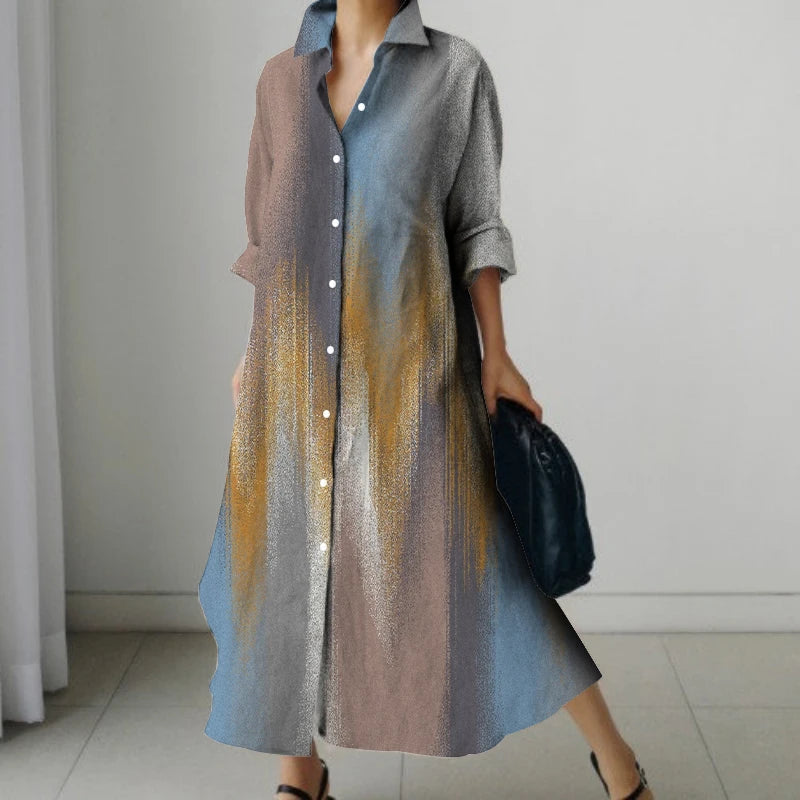 Womens Fashion Retro Splicing Printed Long-sleeved Dresses Fall And Winter Single-breasted Loose Dresses New Lapel Shirt Dresses