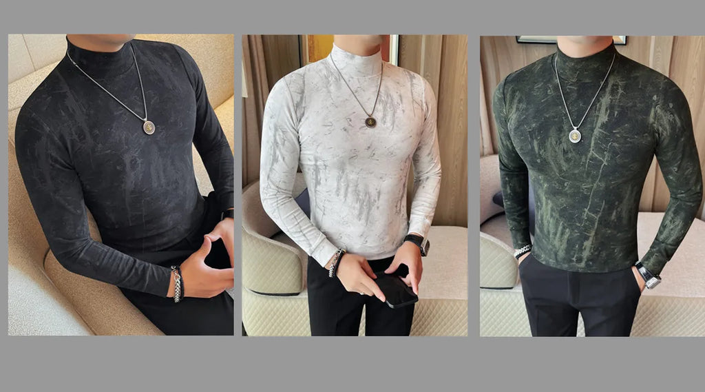 Men Tie-Dye Long-Sleeve T-Shirt | Half-High Collar Base Layer Trendy Versatile Casual Wear 95% Cotton Breathable  Sweat-wicking