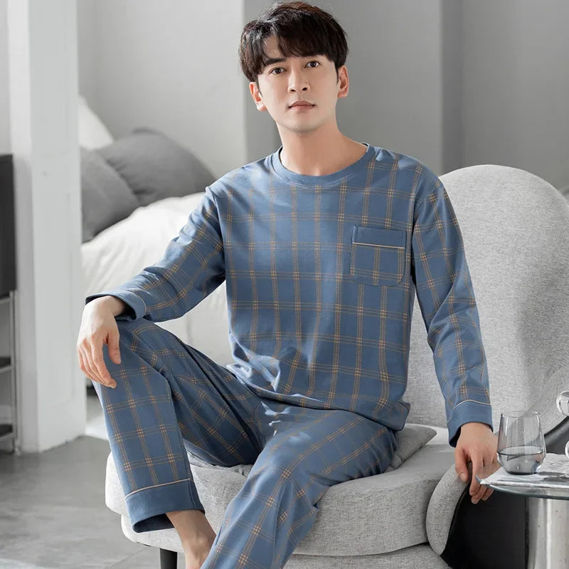 Fashion Lounge Pajamas Sets Men's Spring New Long-sleeved Tops with Trousers Cotton Homewear Comfort Simple Sleepwear Two Pieces