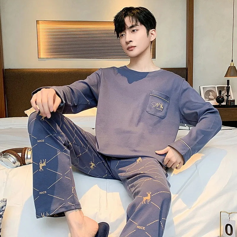 Plus Size Men Pajamas Striped Long Sleeve Long Pants Crew Neck Soft Breathable Teen Student Loungewear Two-Piece Cartoon Letter
