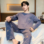 Plus Size Men Pajamas Striped Long Sleeve Long Pants Crew Neck Soft Breathable Teen Student Loungewear Two-Piece Cartoon Letter