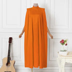Elegant Evening Dress VONDA Women Pleated Stand Collar Long Sleeve Satin Party Sundress Autumn Casual Solid Loose Robe Vestidos