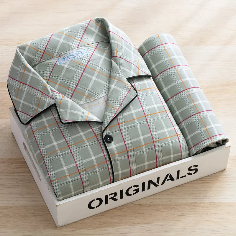 Men's Thin Cotton Pajamas Long Sve Long Pants Two-Piece Set Casual
