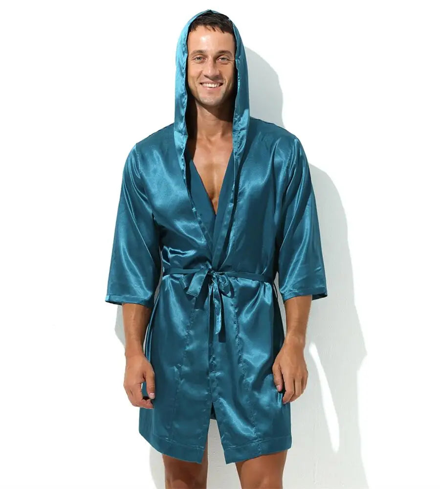 Sexy Sleepwear Men Robes Bathrobes Soft Silky Short Sleeve Nightgown Mens Homewear Dressing Gown Male Pajamas (No shorts)