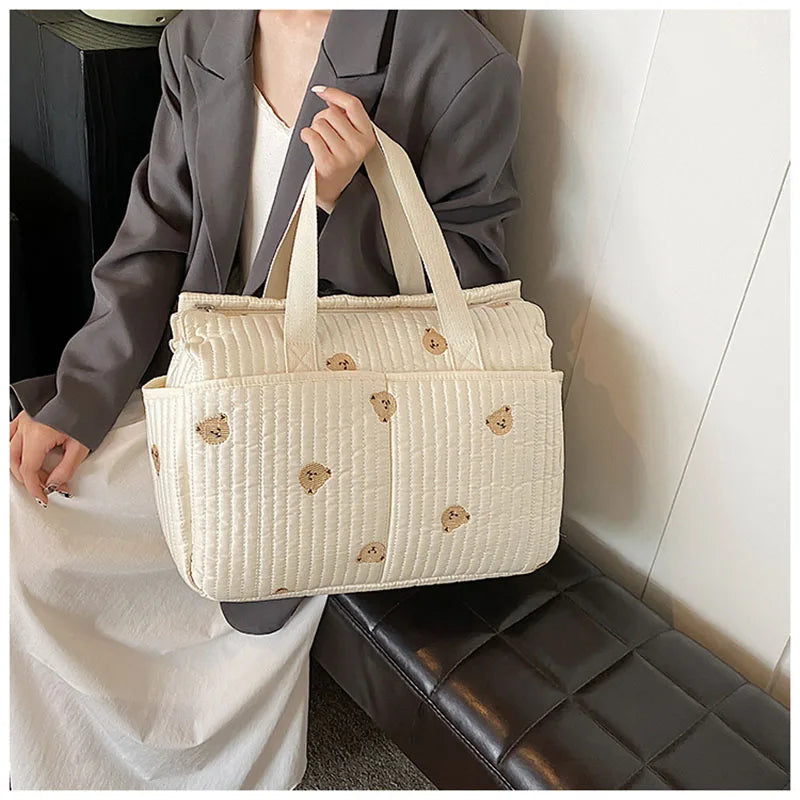 New High-capacity Mummy Bag Embroidered Bear Mother and Baby Handbag Baby Bottle Diaper Portable Baby Stroller Bag