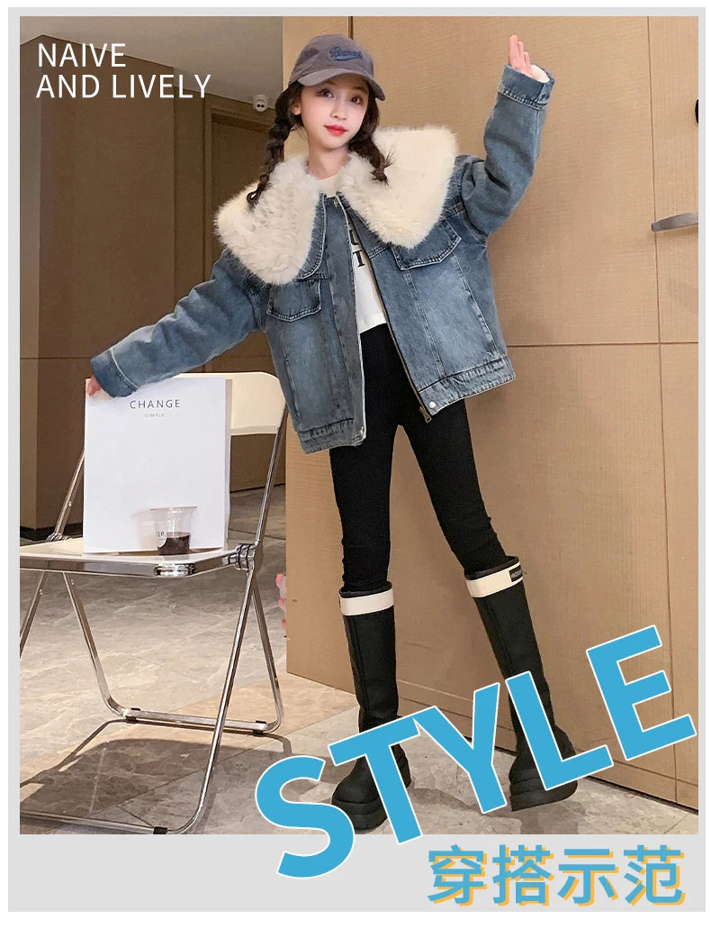 junior girl winter jackets vetement enfant fille Thickened inner rabbit fur denim jacket teenr outerwear kids warm coat overwear