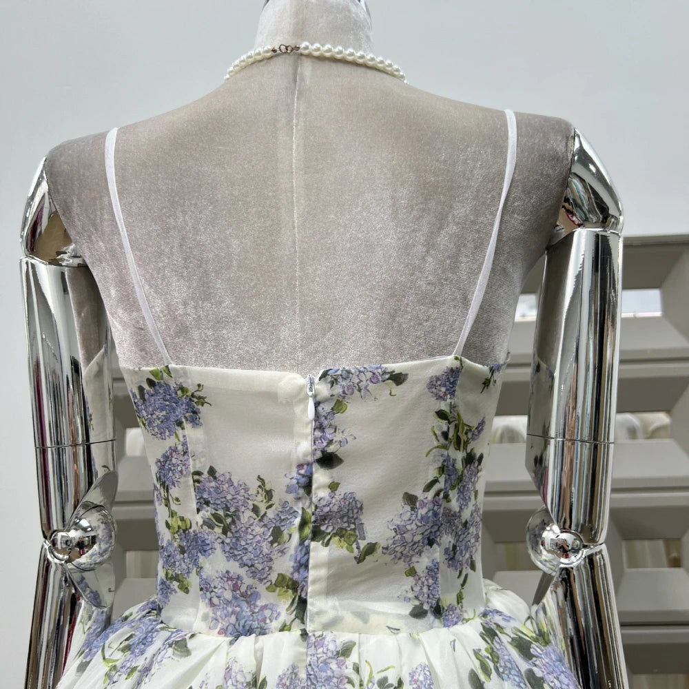 Summer New Women Retro Printed A-line Strap Dress With High Waist Wrinkled Long Dresses Beach Party Birthday Celebrity Gown