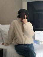 Women Autumn Winter Thicken Warm Coat Stand-Collar Loose Fur Plush Zipper Jacket Soft Comfortable Casual Simple Solid Outerwear