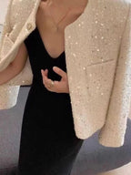 Chic Sequins Sweet Tweed Jacket Women Fall Elegant Long Sleeve Slim Coat Korean Fashion O Neck Design Female All Match New Tops