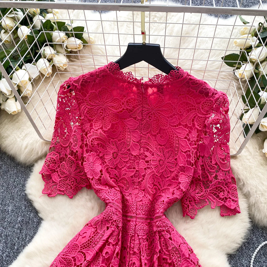 Ele Hollow out Lace ort Sve Dr Women's Summer Slimming A-Line Gown High Waist Korean Sle Commute Suitable