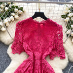 Ele Hollow out Lace ort Sve Dr Women's Summer Slimming A-Line Gown High Waist Korean Sle Commute Suitable
