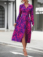 Elegant Random Print Button Down Shirt Dress Women's Long Sleeve Belted Waist Midi Dress Spring Fall Office Casual Dress