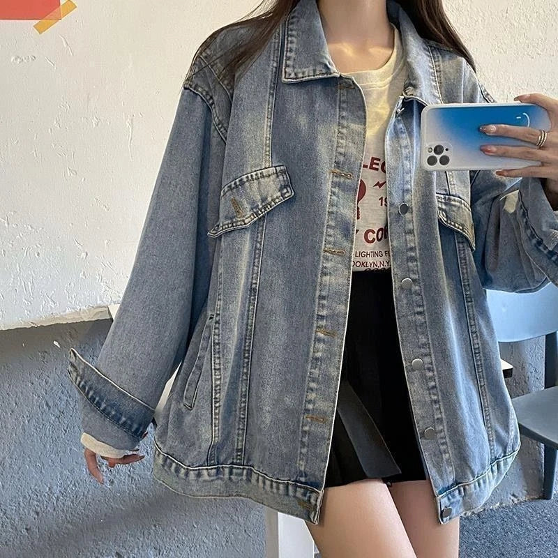 2025 Spring Autumn New Women Denim Jacket Boyfriend Loose Harajuku Design Unique Mid Length Casual All Match Outerwear