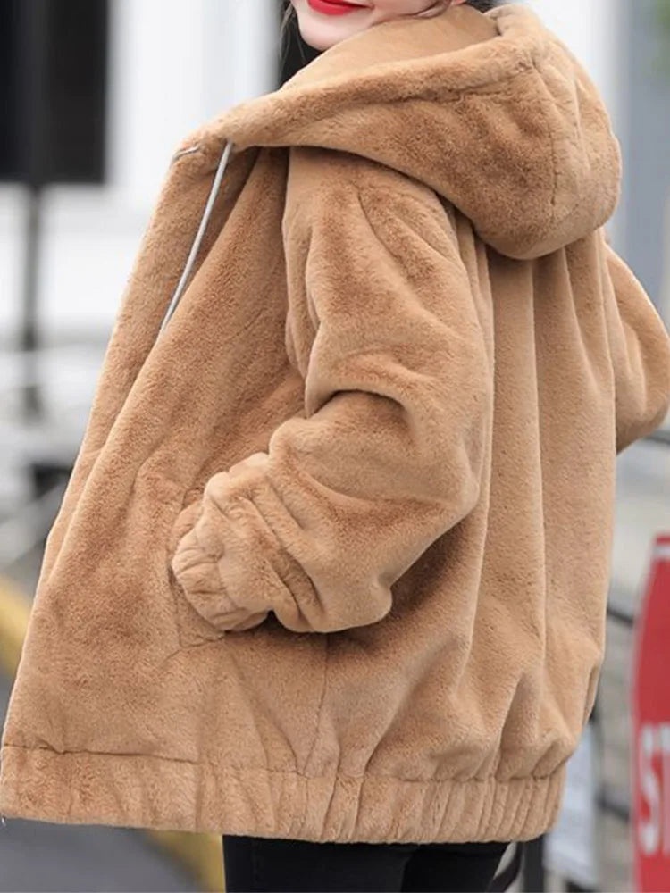 Plush hooded jacket for women mid-length winter new loose plush warm long sleeves plush Short jacket fashion casual coat