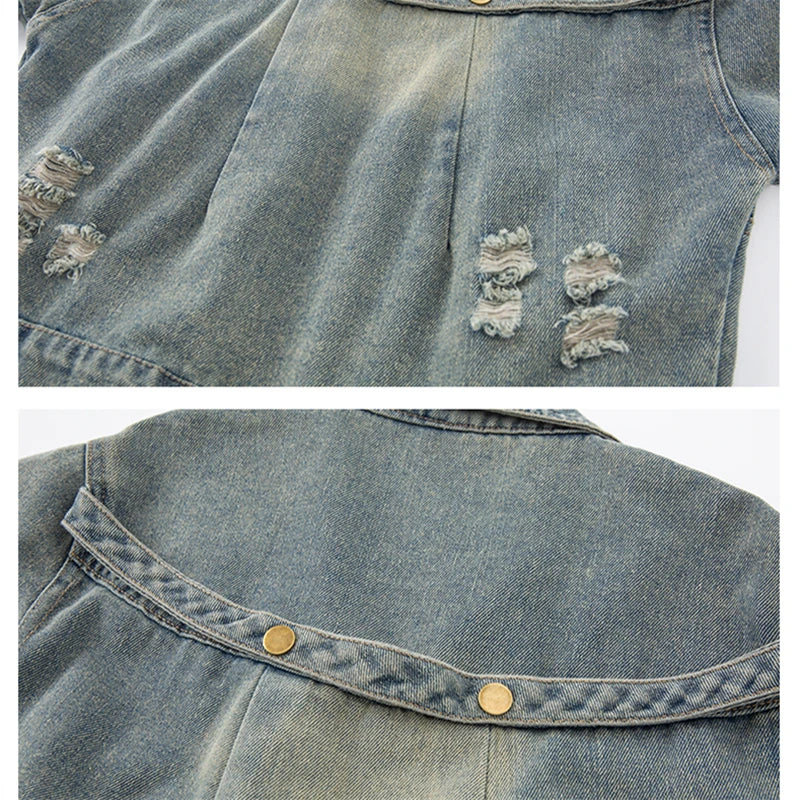 Cowgirl Streetwear Blue Denim Jacket Girl Harajuku Washed Distressed Jacket For Kids Child Gothic Punk Ripped Jeans Coat 5-14 T