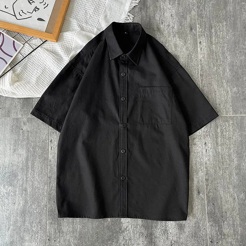 Japanese Short-sleeved Shirt Boy Boy's Stylish Brand Ins Solid Color Casual Summer Thin Retro Loose Shirt Jacket
