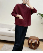 Woman Clothing T-shirt Bat Sleeves Loose and Pleated Small Jacket Women's Single-breasted Pocket Design Pleated Semi-Turtleneck