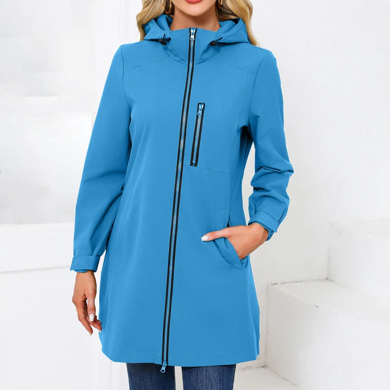 Women's Water-Repellent Hooded Windbreaker Casual Loose Solid Long Sleeve Outdoor Sports Trench Coat Spring Autumn Jacket