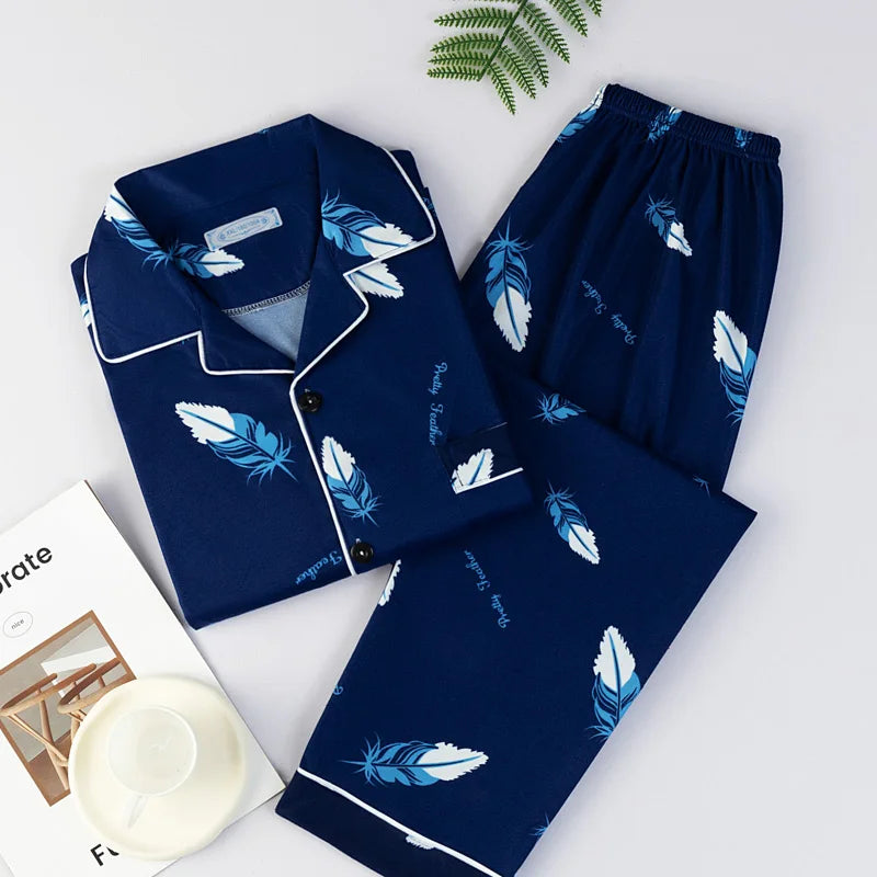Men's Thin Cotton Pajamas Long Sve Long Pants Two-Piece Set Casual