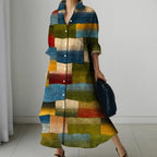 Womens Fashion Retro Splicing Printed Long-sleeved Dresses Fall And Winter Single-breasted Loose Dresses New Lapel Shirt Dresses