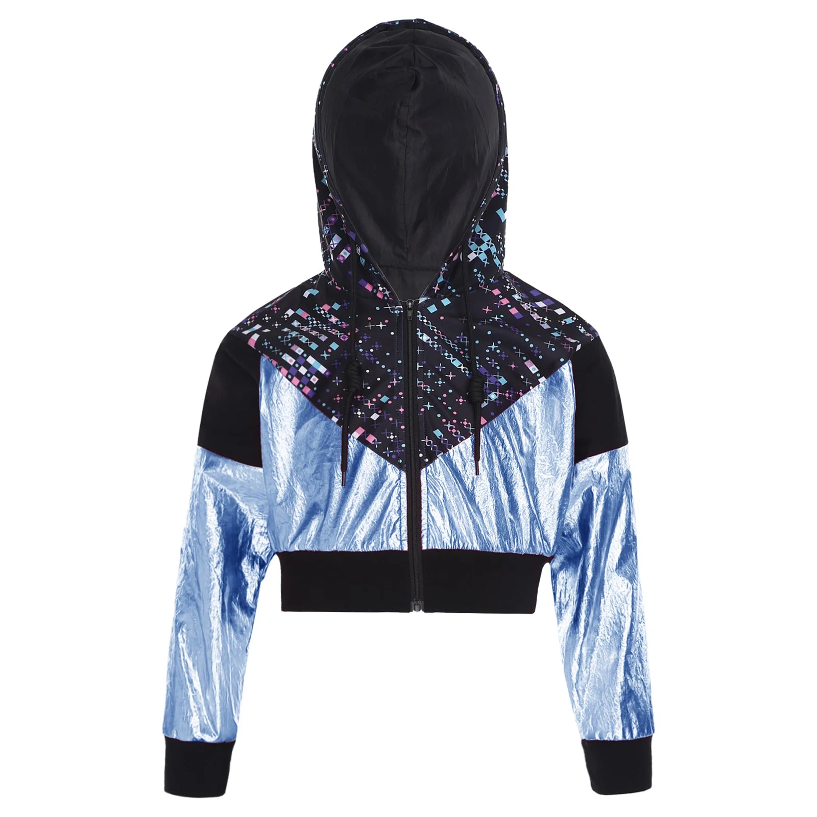 Girls Fashion Print Short Jacket Casual Coat Hooded Tops Long Sleeve Zipper Jacket Outerwear Jazz Dance Performance Costume