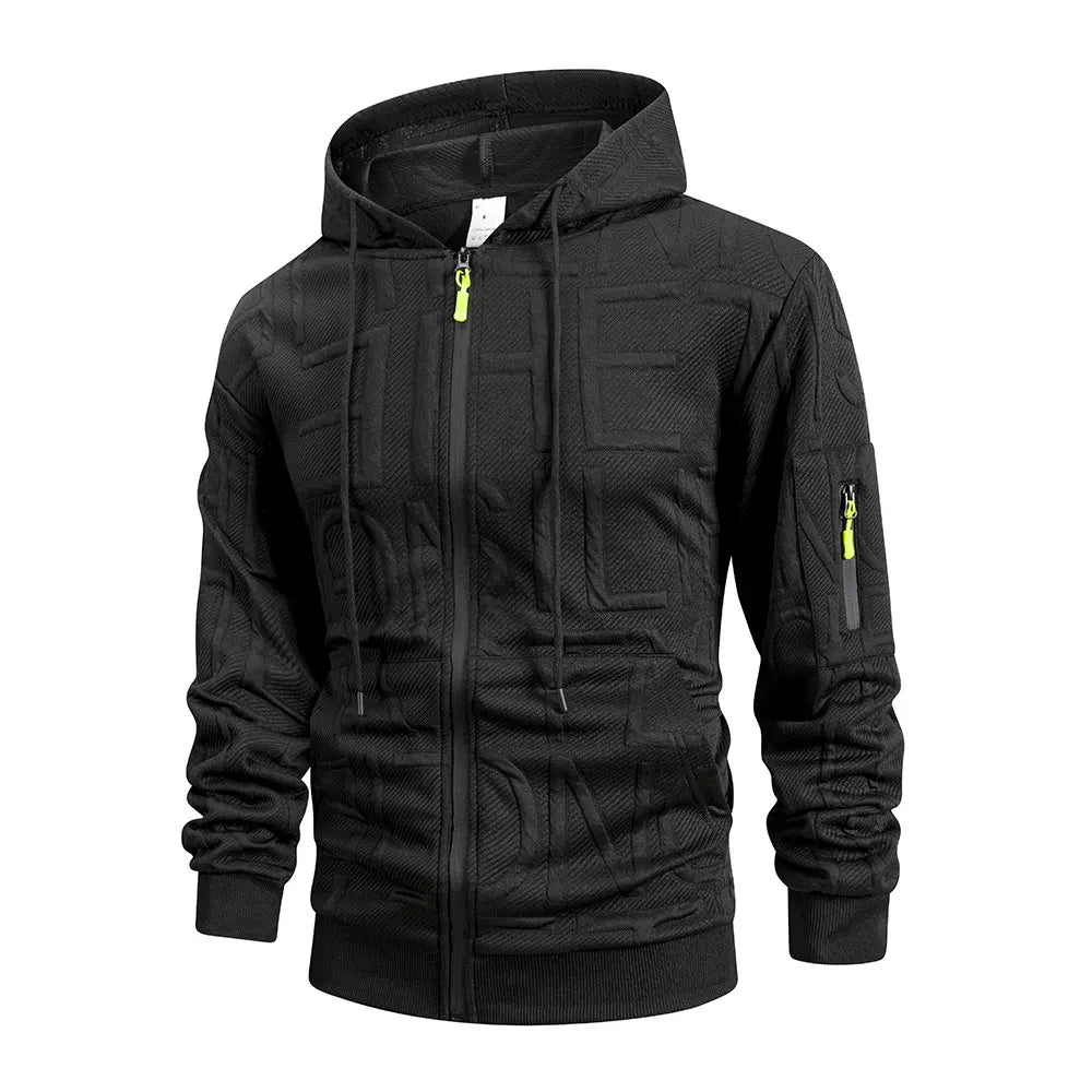 Mens Letter Jacquard Jacket Simple Stylish Autumn Sportwear Warm Casual Multiple Pockets Outwear Zip Up Hooded Coats for Men