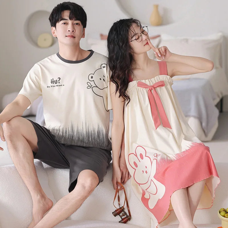 Summer Pyjamas Men Knited Cotton Pajamas Set Korean Sweet Pijamas Ladies Sexy Sleepwear Home Clothing For Youth Boy Girl