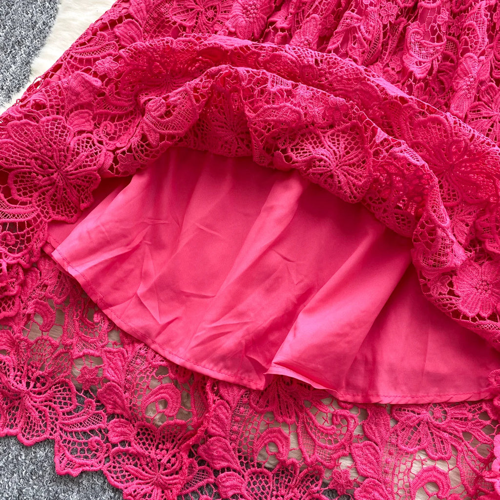 Ele Hollow out Lace ort Sve Dr Women's Summer Slimming A-Line Gown High Waist Korean Sle Commute Suitable