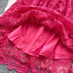 Ele Hollow out Lace ort Sve Dr Women's Summer Slimming A-Line Gown High Waist Korean Sle Commute Suitable
