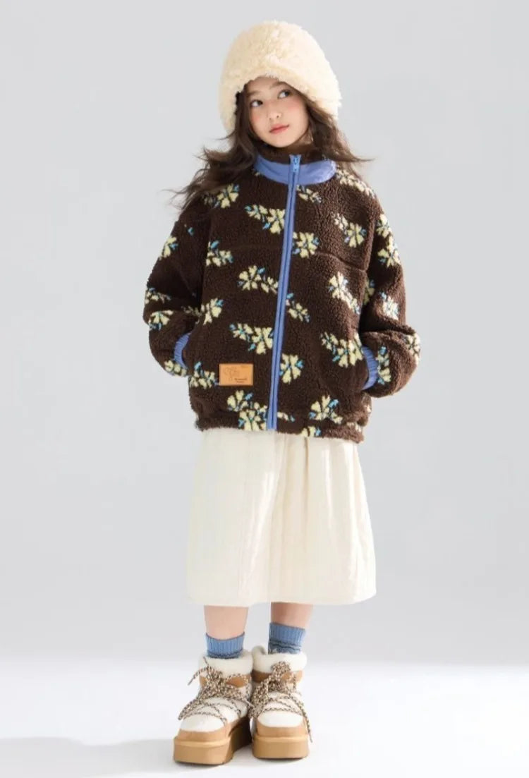 Girl's Winter Coat Floral Jacquard Lamb Fur Thickened Stylish Autumn Winter Toddler Kids Cotton Jacket