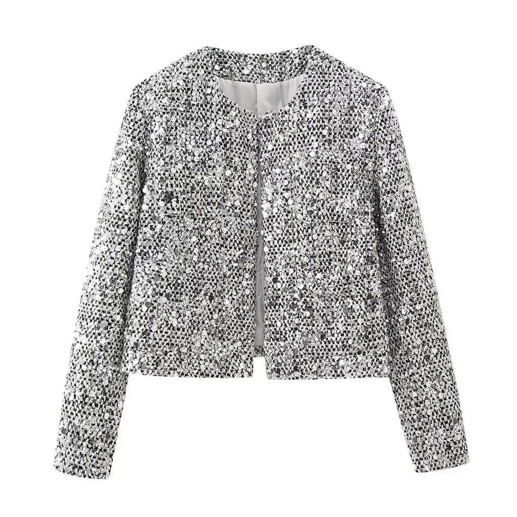 BKQU Tweed Sequined Jackets Women Casual Loose Round Neck Long Sleeved Cropped Silver Cardigan Autumn Female Warm Elegant Coats