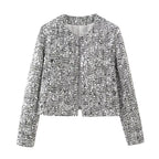 BKQU Tweed Sequined Jackets Women Casual Loose Round Neck Long Sleeved Cropped Silver Cardigan Autumn Female Warm Elegant Coats