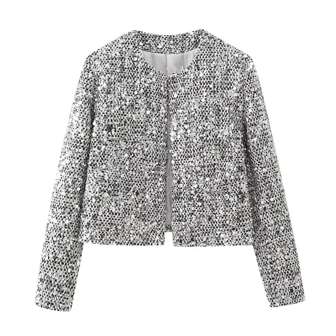 BKQU Tweed Sequined Jackets Women Casual Loose Round Neck Long Sleeved Cropped Silver Cardigan Autumn Female Warm Elegant Coats