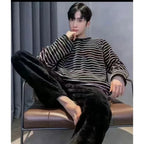 Winter Flannel Pajamas Set Men Korean Teen Students Striped Sleepwear Coral Fleece Pullover Trousers Pjs Set Homewear Loungewear
