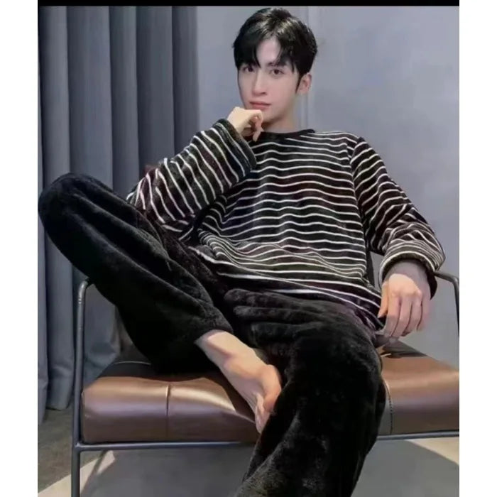 Winter Flannel Pajamas Set Men Korean Teen Students Striped Sleepwear Coral Fleece Pullover Trousers Pjs Set Homewear Loungewear